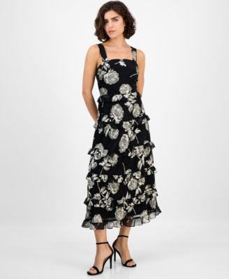 Anne Klein - Women's Square-Neck Tiered Foil Midi Dress