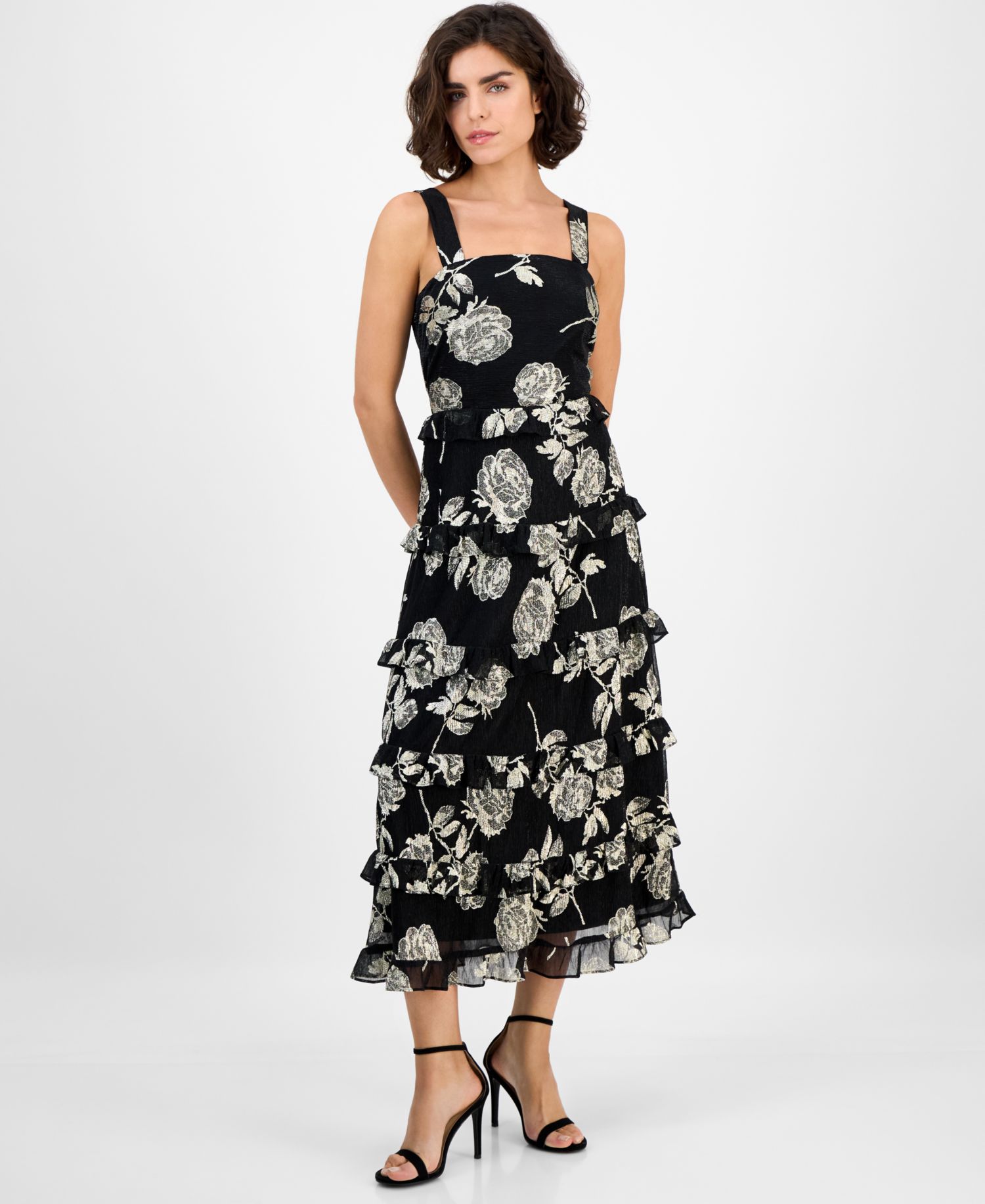Women's Square-Neck Tiered Foil Midi Dress