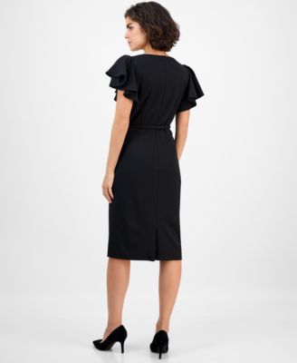 Women's V-Neck Ruffle-Sleeve Sheath Dress