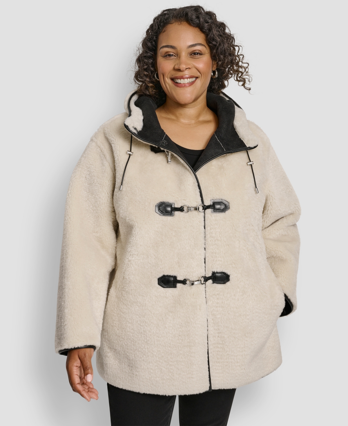 Dkny Plus Size Hooded Toggle Coat In Neutral