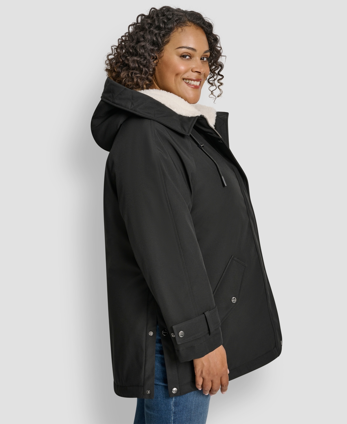 Dkny Plus Size Hooded Coat In Black