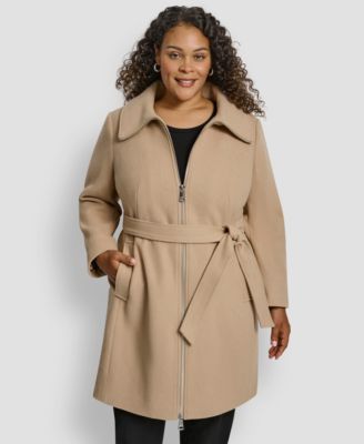 DKNY - Plus Size Belted Zip-Up Wool Coat