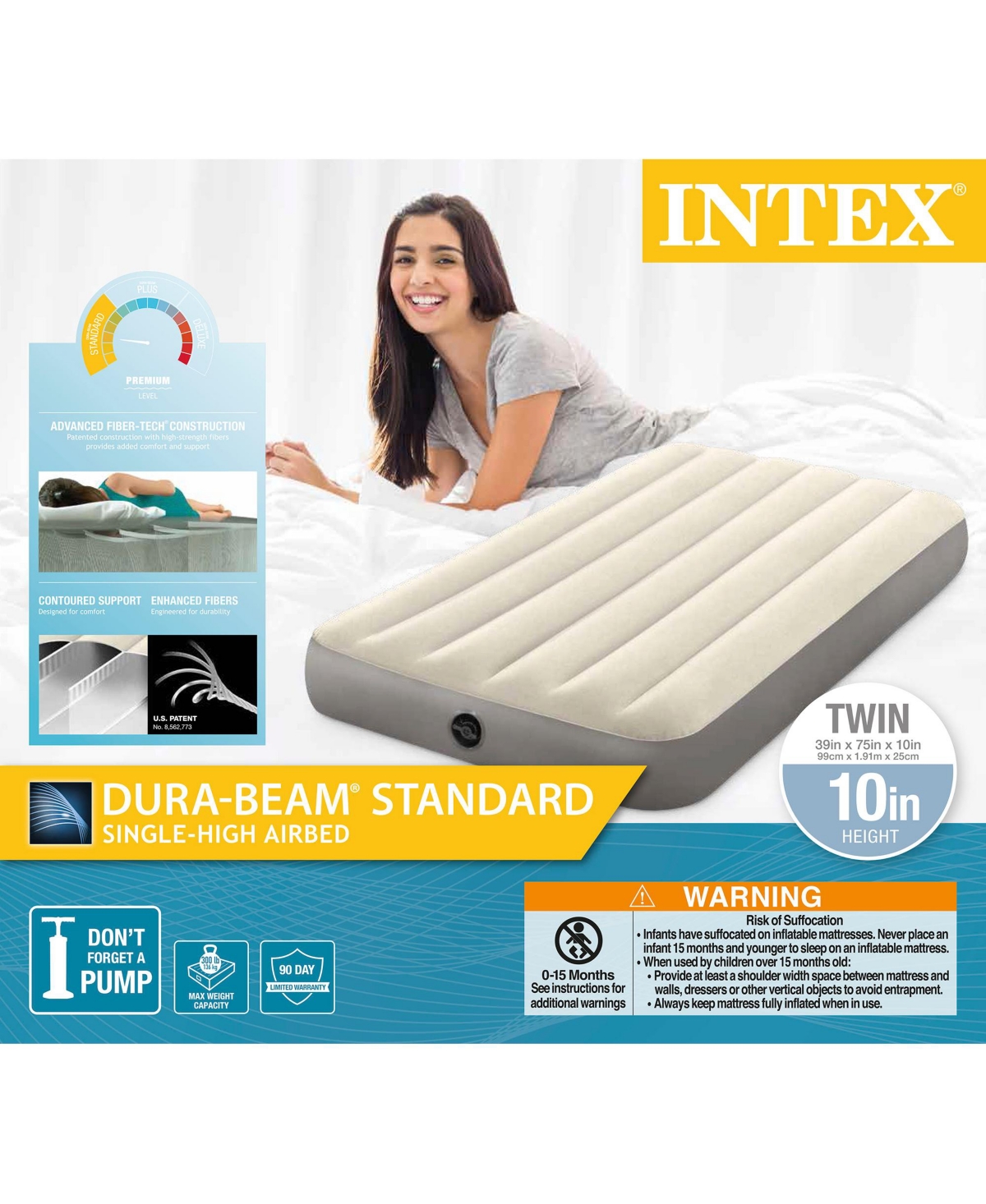 Intex 64101E Dura-Beam Standard Series Single Height Inflatable Airbed, Twin