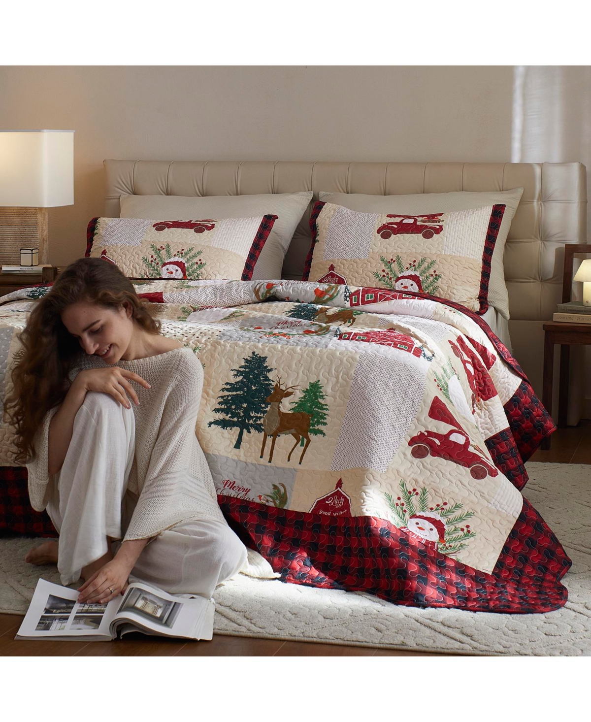 MarCielo 3 Piece Christmas Quilt Bedspread Snowman Reversible Quilt Set B013