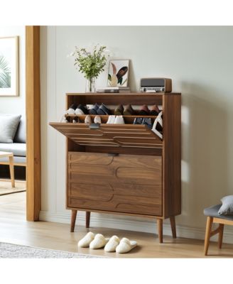31.5" Modern Walnut Shoe Cabinet with Flip Drawers