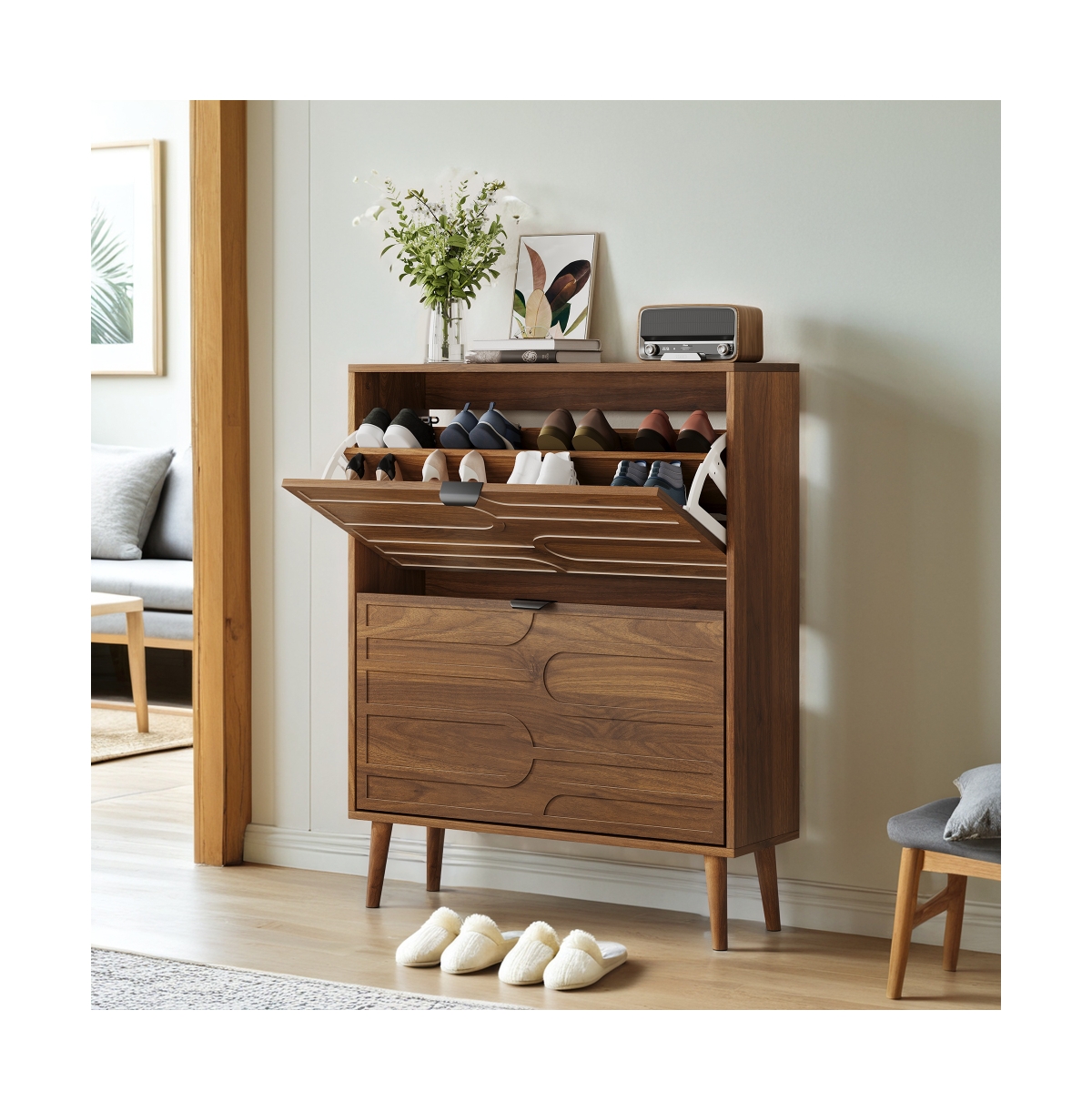 Chic Crate 31.5" Modern Walnut Shoe Cabinet with Flip Drawers, Entryway Storage for Hallway & Mudroom
