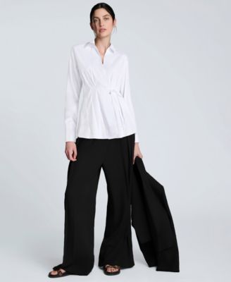 Women's Solid Poplin Wrap Y-Neck Tie-Waist Shirt