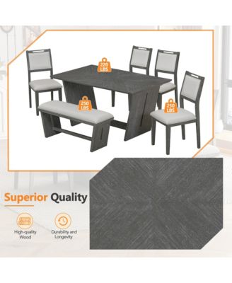 6-piece Retro Farmhouse Style Dining Set, Rectangular Table and 4 Upholstered Chairs with Rattan and Bench for Dining Room and Kitchen