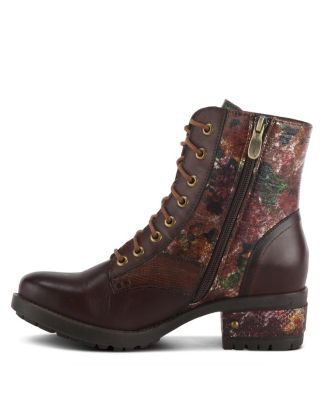 L Artiste Women s MARTY-MET Lace-Up Floral Metallic Boots with Faux Snakeskin Texture and Embossed Heel