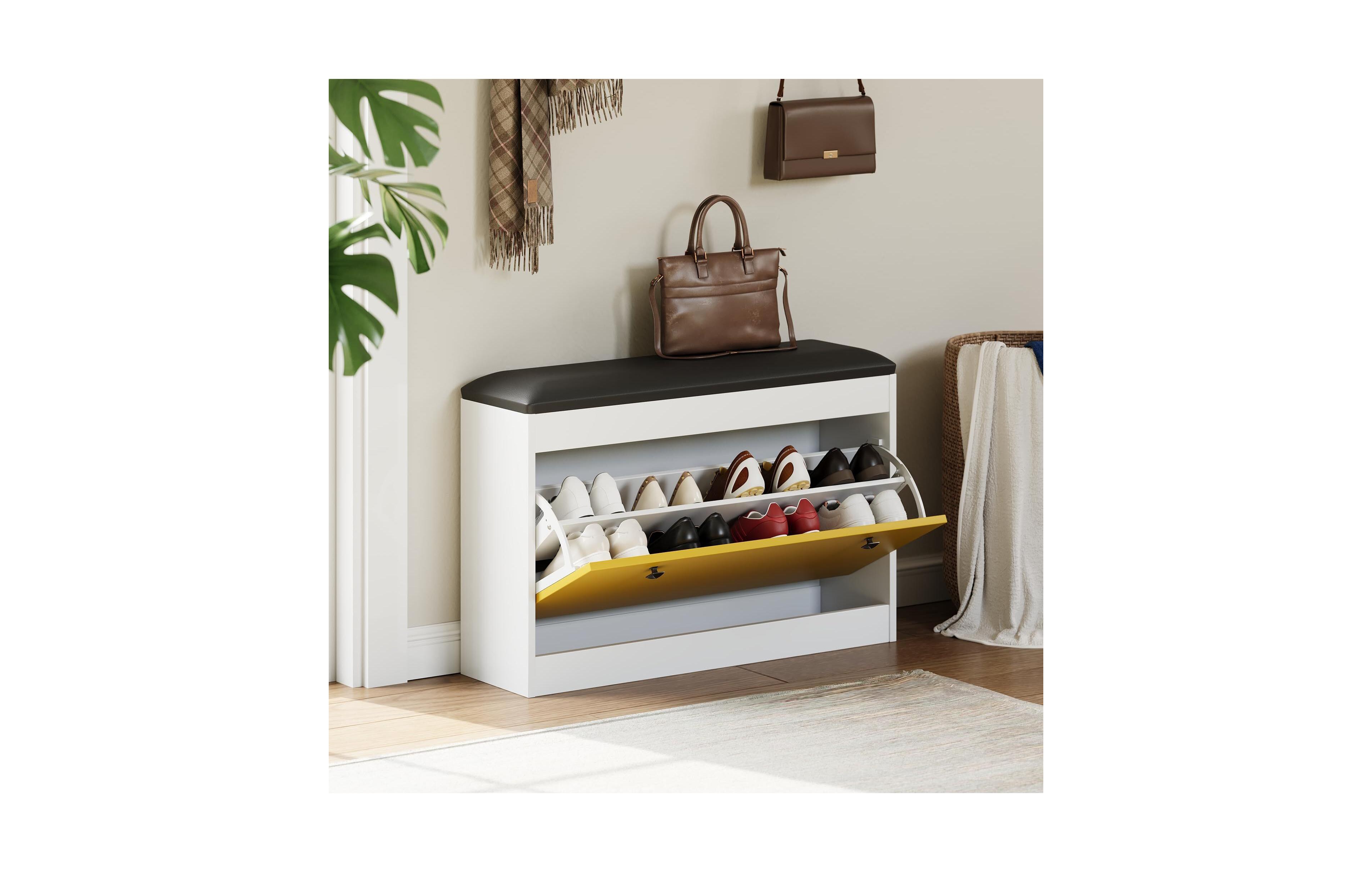 gaomon 31.5" Shoe Storage Bench, Modern Entryway Shoe Cabinets with Flip Drawer & Pu Cushion, White Shoe Organizer Cabinet for Entryway, Hallway, Bedr