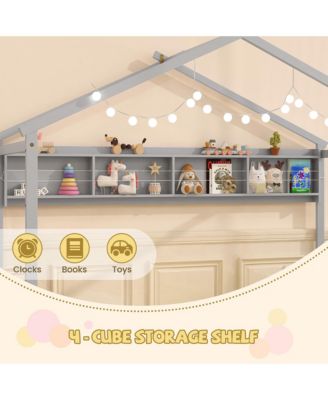 Twin Size House Bed w/Storage Shelf Headboard & Guardrail Wooden Slat Support