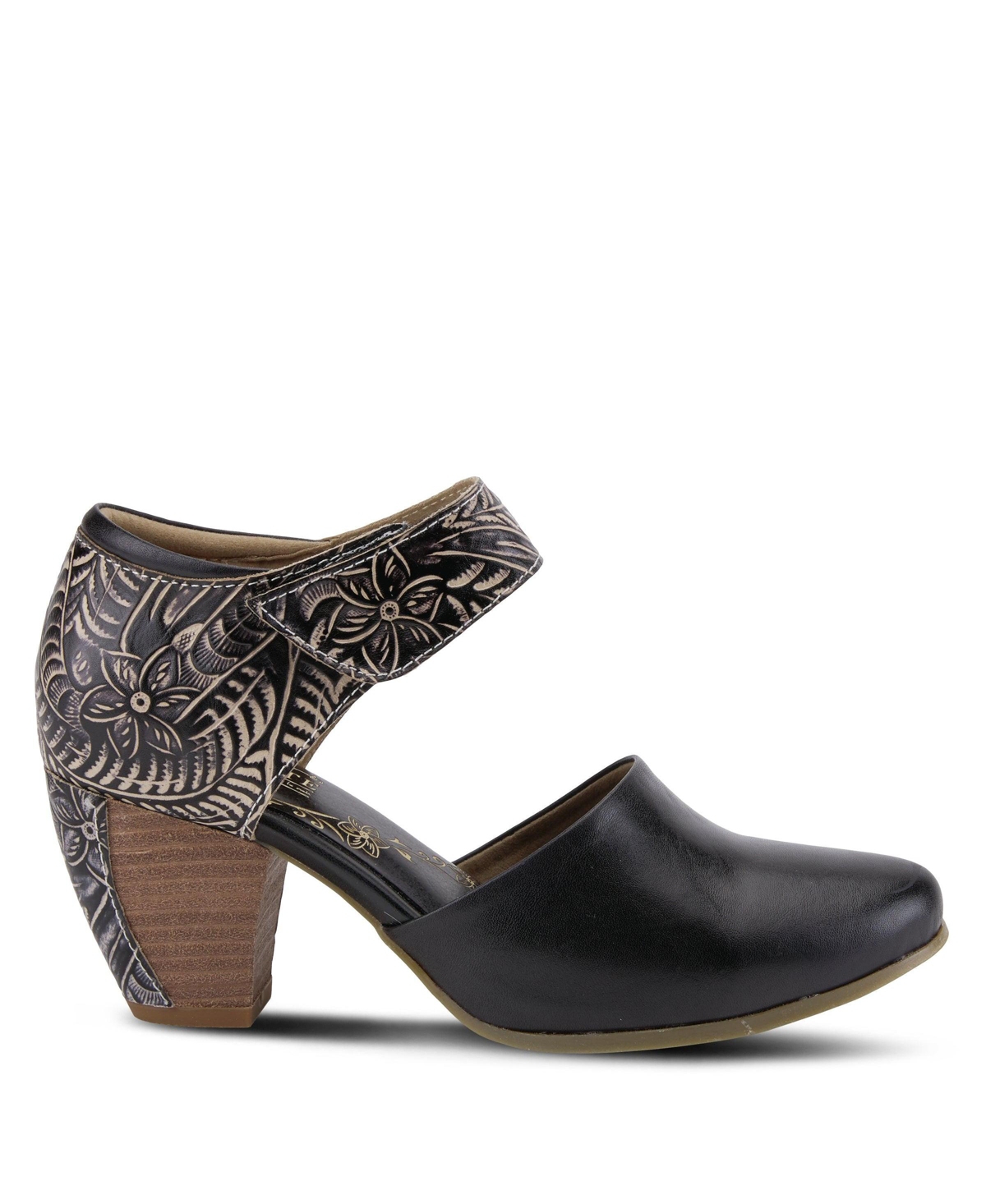L'Artiste Women's Toolie Hand-Painted Leather D'Orsay Mary Jane Heels with Tooled Details, Hook-and-Loop Strap, Padded Collar, and Stacked Heel