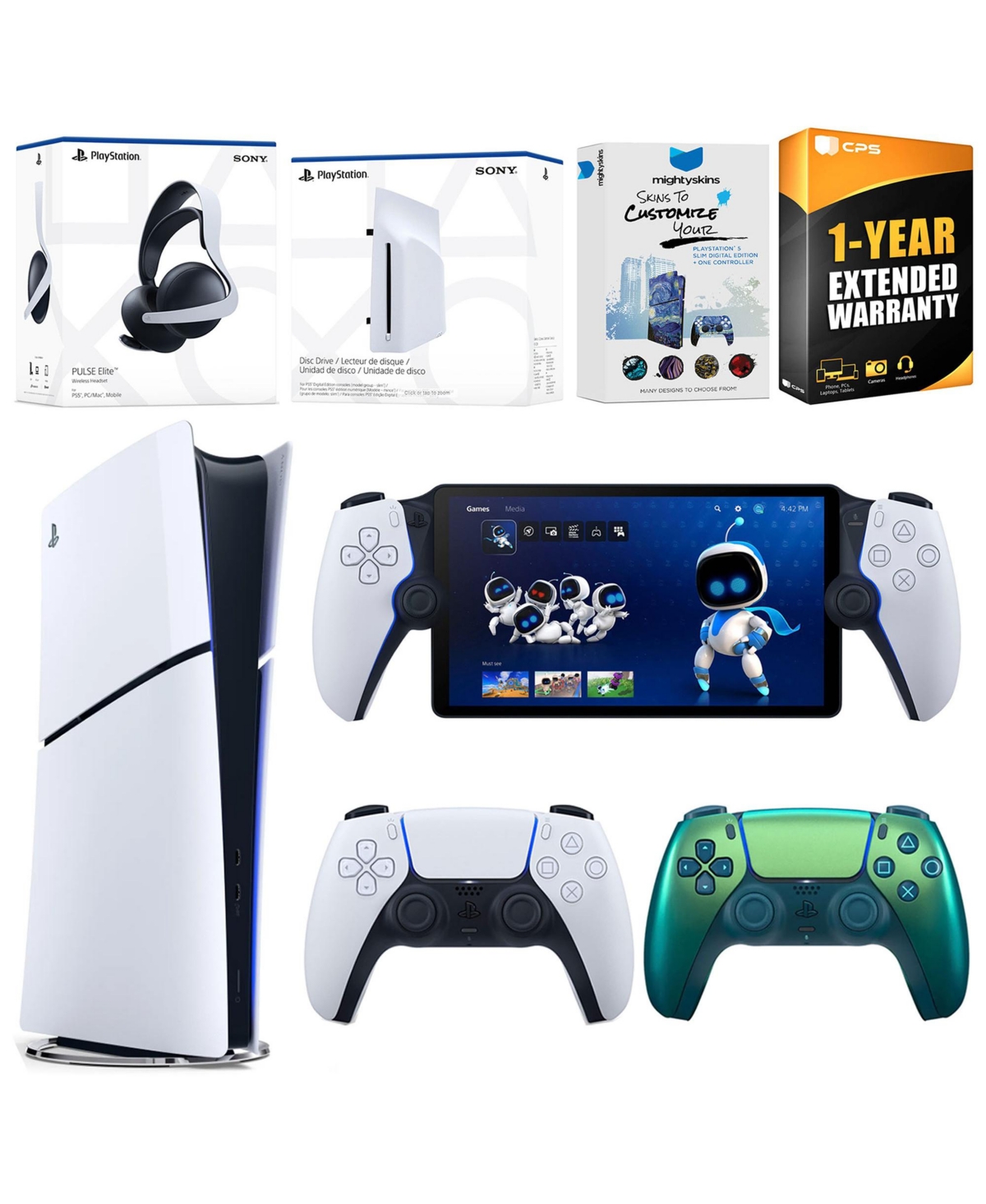 Sony PlayStation 5 Slim Digital Bundle with Disc Drive, Extra Controller, Pulse Elite Headset, PlayStation Portal, MightySkins Voucher and 1 Year Exte
