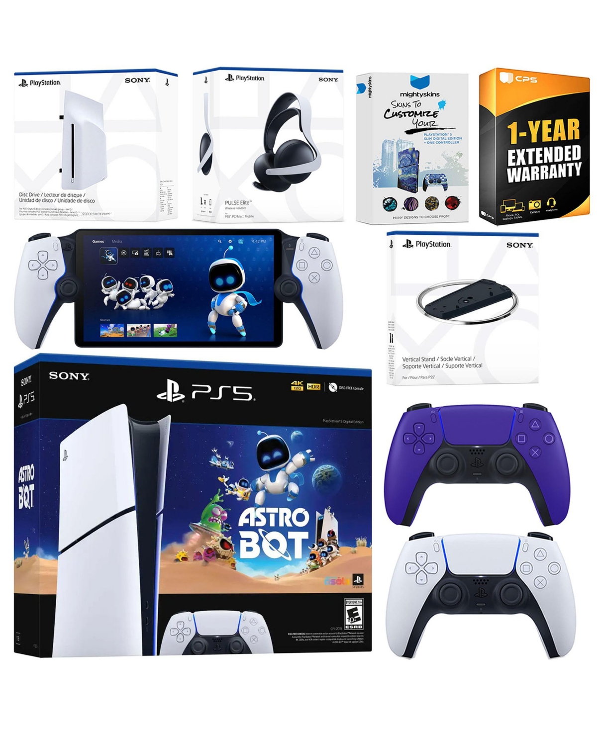 Sony PlayStation 5 Astro Bot Slim Digital Bundle with Disc Drive, Pulse Elite Headset, Extra Controller, PlayStation Portal, Vertical Stand, MightySki
