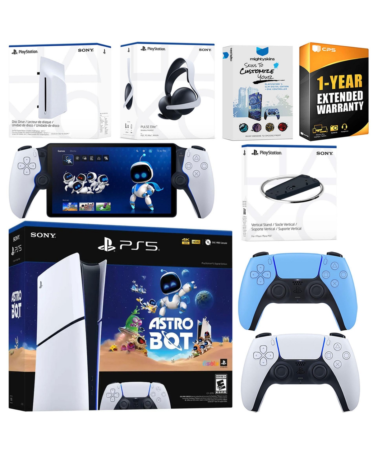 Sony PlayStation 5 Astro Bot Slim Digital Bundle with Disc Drive, Pulse Elite Headset, Extra Controller, PlayStation Portal, Vertical Stand, MightySki