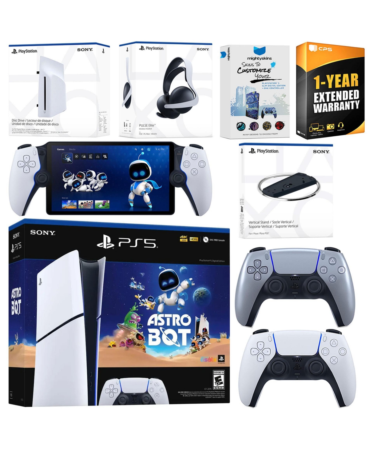 Sony PlayStation 5 Astro Bot Slim Digital Bundle with Disc Drive, Pulse Elite Headset, Extra Controller, PlayStation Portal, Vertical Stand, MightySki