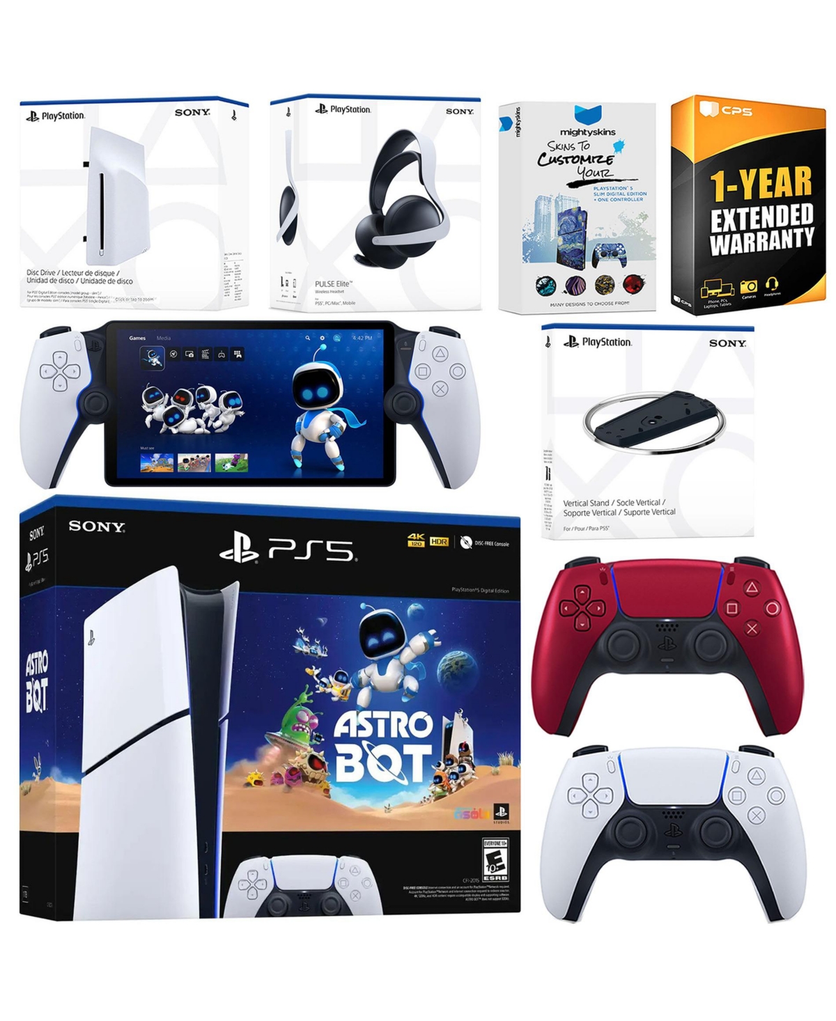 Sony PlayStation 5 Astro Bot Slim Digital Bundle with Disc Drive, Pulse Elite Headset, Extra Controller, PlayStation Portal, Vertical Stand, MightySki