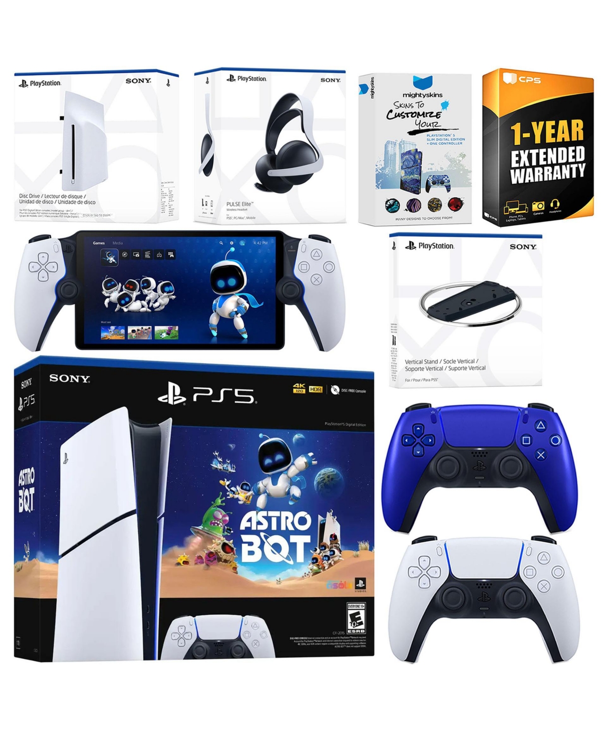 Sony PlayStation 5 Astro Bot Slim Digital Bundle with Disc Drive, Pulse Elite Headset, Extra Controller, PlayStation Portal, Vertical Stand, MightySki