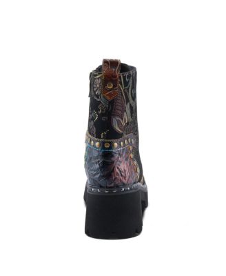 L Artiste Women s SEVERITY Hand-Painted Lace-Up Combat Boot with Studs, Suede Shaft, and Lug Sole