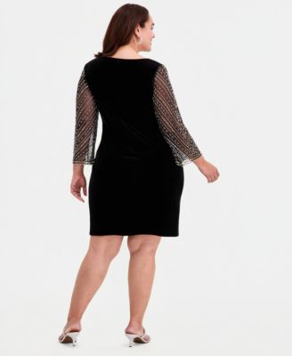 Plus Size Embellished-Sleeve Stretch Velvet Dress