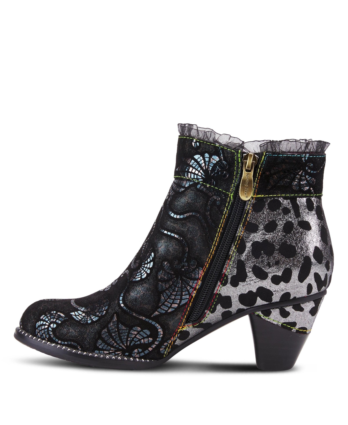 L'Artiste Women's Dessa French-Inspired Leather Booties with Animal Print and Metallic Suede, Ruffle Collar, Rainbow Stitching, Cone Heel – Textur