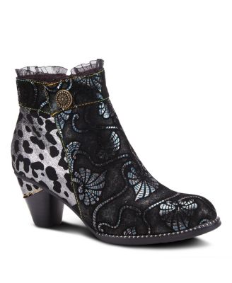 Women's Dessa French-Inspired Leather Booties with Animal Print and Metallic Suede, Ruffle Collar, Rainbow Stitching, and Cone Heel – Textured Zip-Up Statement Boot