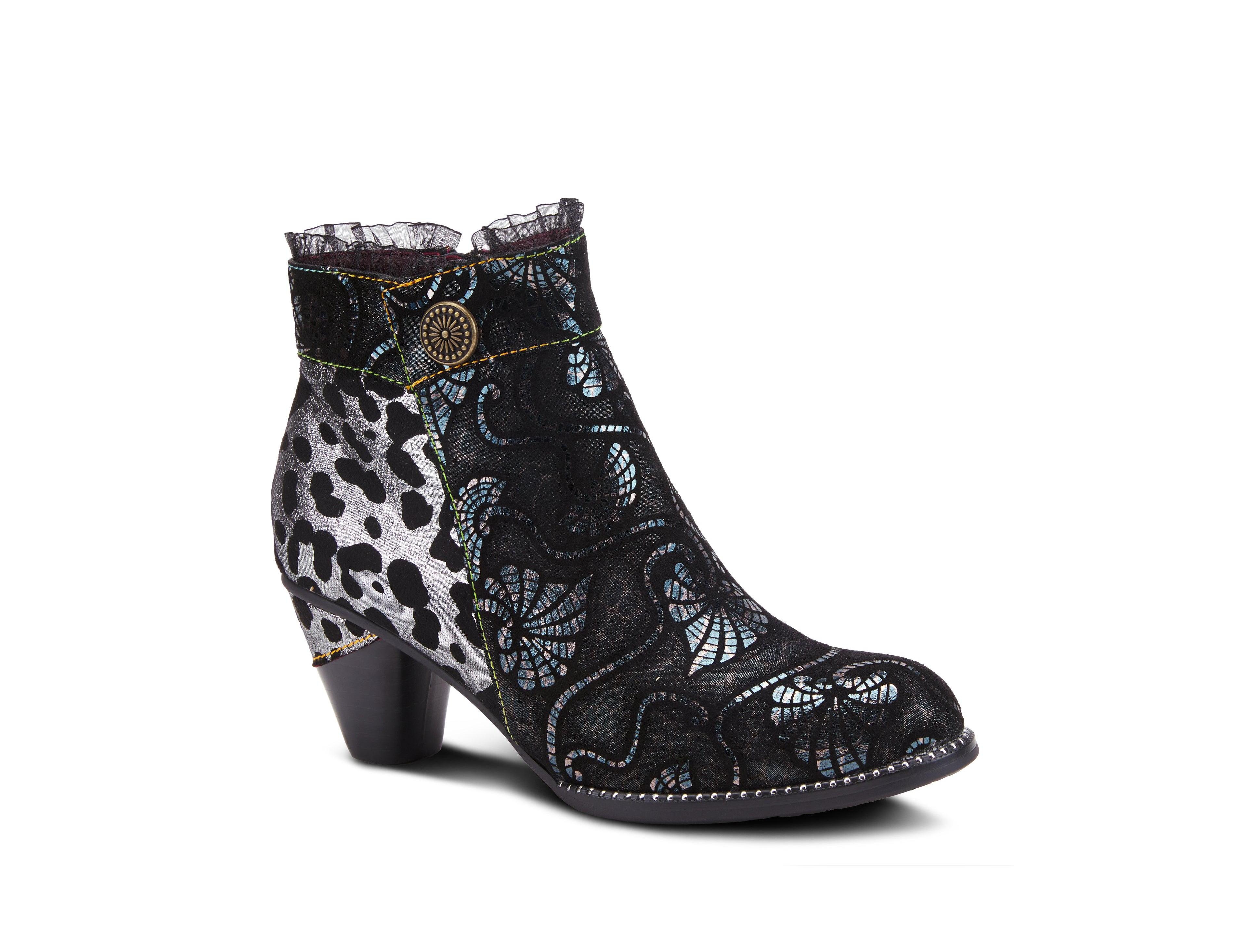 L'Artiste Women's Dessa French-Inspired Leather Booties with Animal Print and Metallic Suede, Ruffle Collar, Rainbow Stitching, Cone Heel – Textur