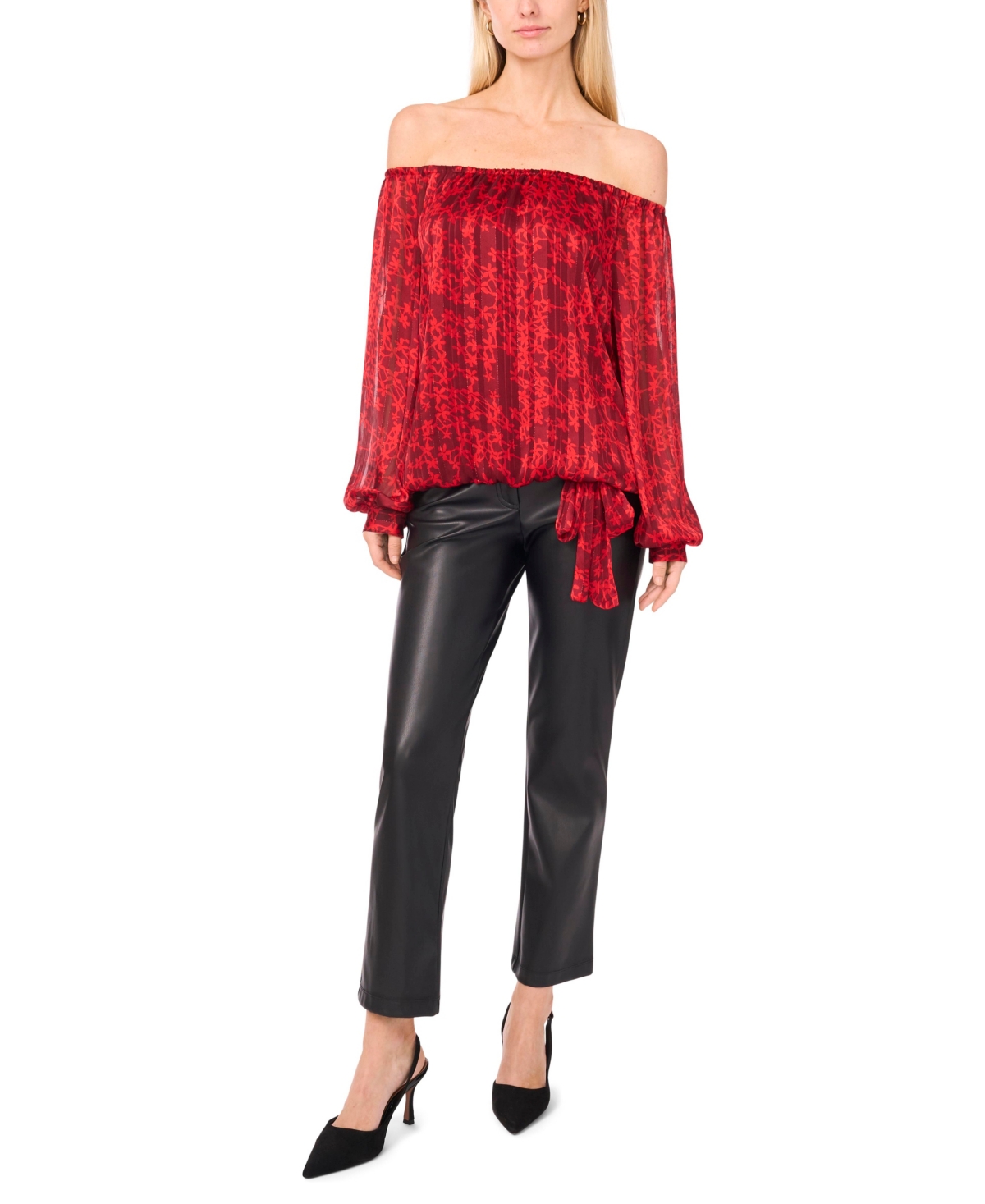Vince Camuto Floral Metallic Stripe Off The Shoulder Top In Red