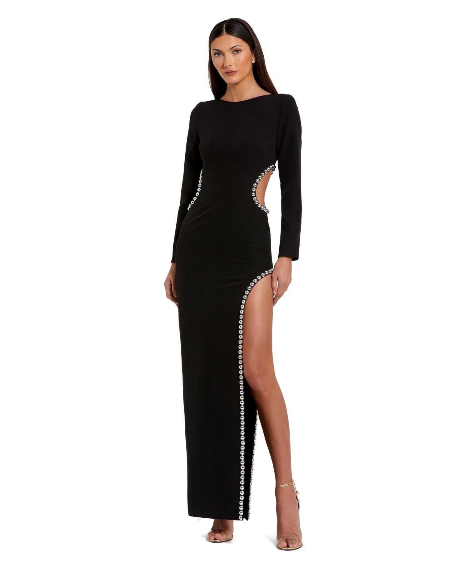 Women's Crepe Long Sleeve Gown With Beaded Cut Outs
