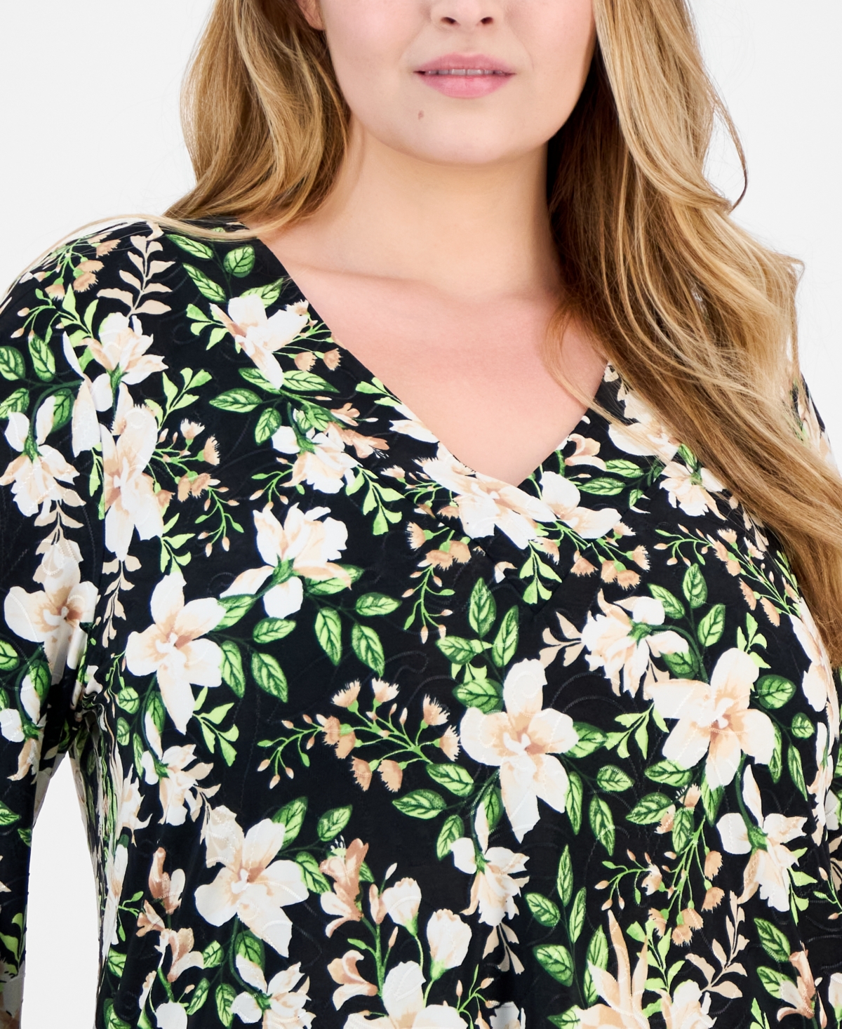 Jm Collection Plus Printed V-Neck Jacquard Top