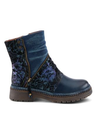 Women's Avrilrose Leather and Denim Booties with Daisy Accents, Lug Sole,Dual Zippers– Unique Mixed-Material Ankle Boots for Bold Fall Style