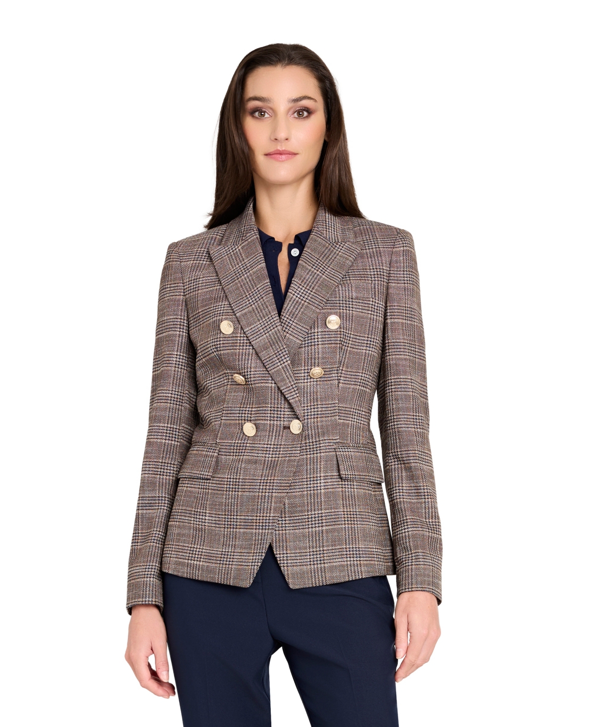Tahari Asl Petite Plaid Blazer Jacket In Brown