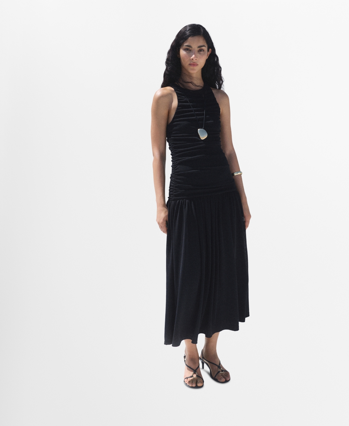 Mango Gathered Sleeveless Midi Dress In Black
