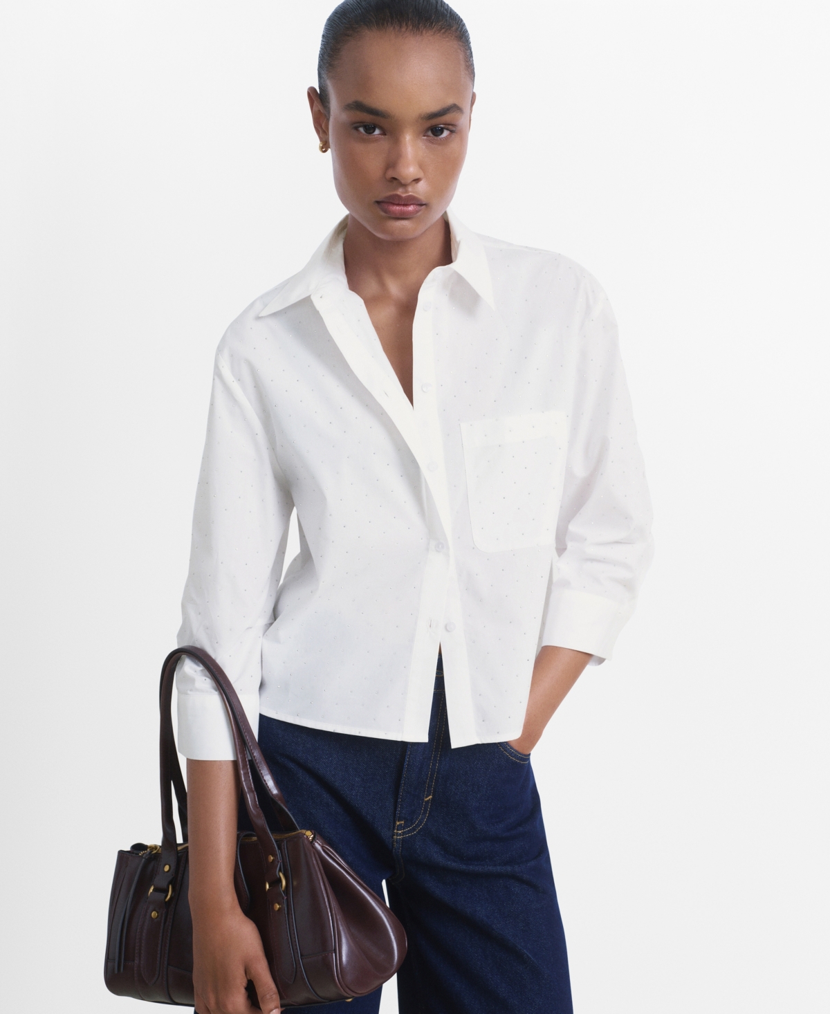 Mango Women's Rhinestone Cropped Shirt In White
