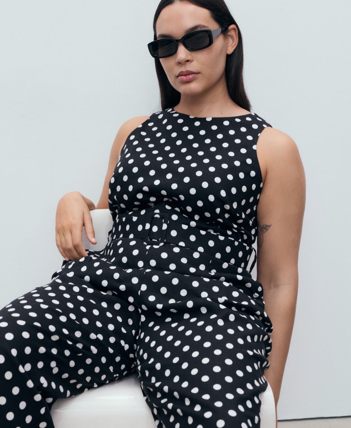 Mango Women's Polka-Dot Belt Linen Jumpsuit