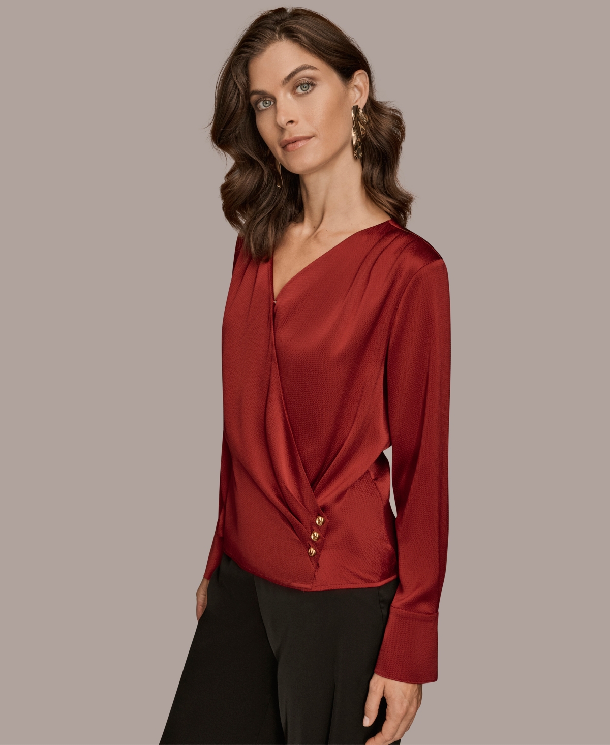 Donna Karan New York Hammered Satin Faux Wrap Top In Red