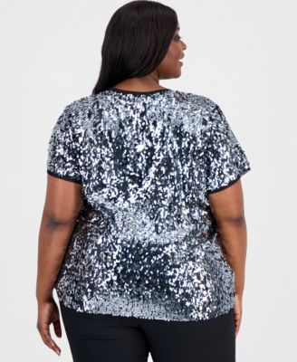 Plus Size Sequinned Chiffon-Trim Top