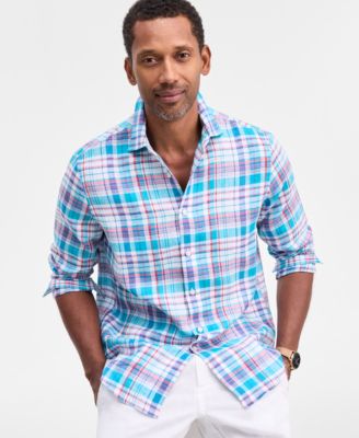 Club Room - Men's Fox Plaid Long-Sleeve Button-Up Linen Shirt
