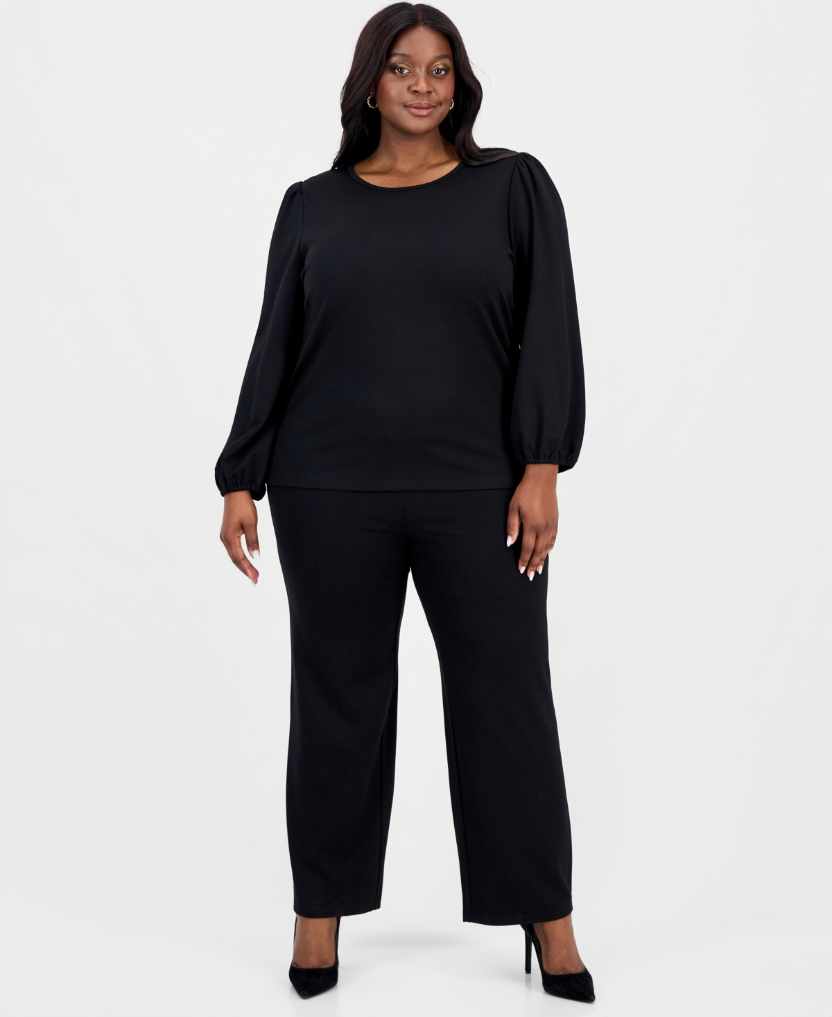 Ak Anne Klein Plus Size Blouson-sleeve Top In Black
