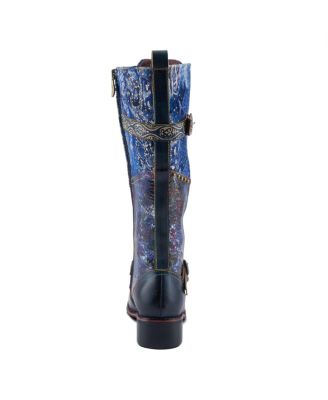 Women's Vaneyck Hand-Painted Tall Boots with Iridescent Leather, Double Buckle Detail, Lace-Up and Zipper Closure, Rainbow Stitching, and Rubber Sole – Statement Cold-Weather Style
