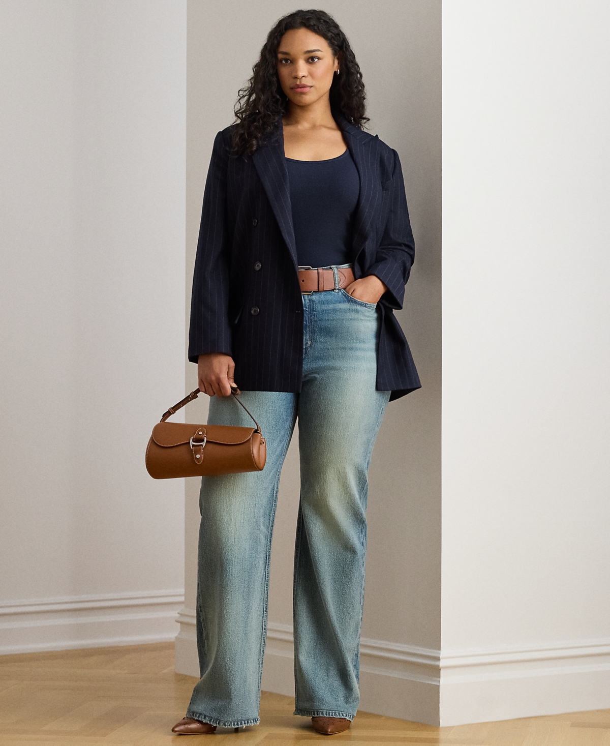 Ralph Lauren Plus Size Double-breasted Pinstripe Twill Blazer In Multi