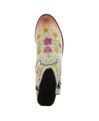 L Artiste Women s GALOP Handpainted Leather Western Booties with Floral Embossing, Pull Tab, and Side Zipper