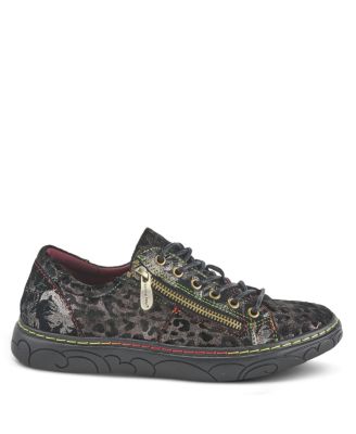 L Artiste Women s DANLI-CHEETA Hand Painted Leather Platform Sneakers with Metallic Floral Accents and Removable Insole