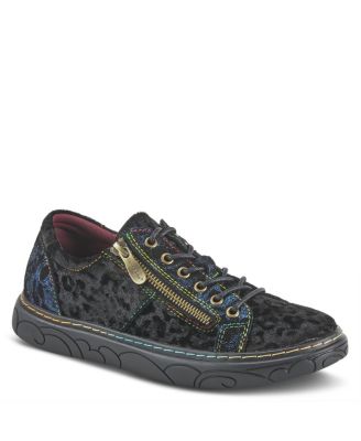 L Artiste Women s DANLI-CHEETA Hand Painted Leather Platform Sneakers with Metallic Floral Accents and Removable Insole