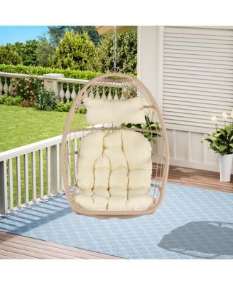 55 Inch Khaki Rattan Egg Swing Chair with Stand and Beige Cushion