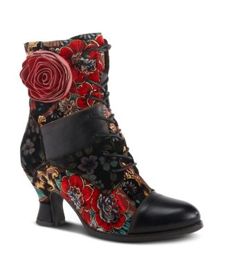 L Artiste Women s ROSELIA Lace-Up Floral Tapestry Boots with Sculpted Heel and Inside Zipper