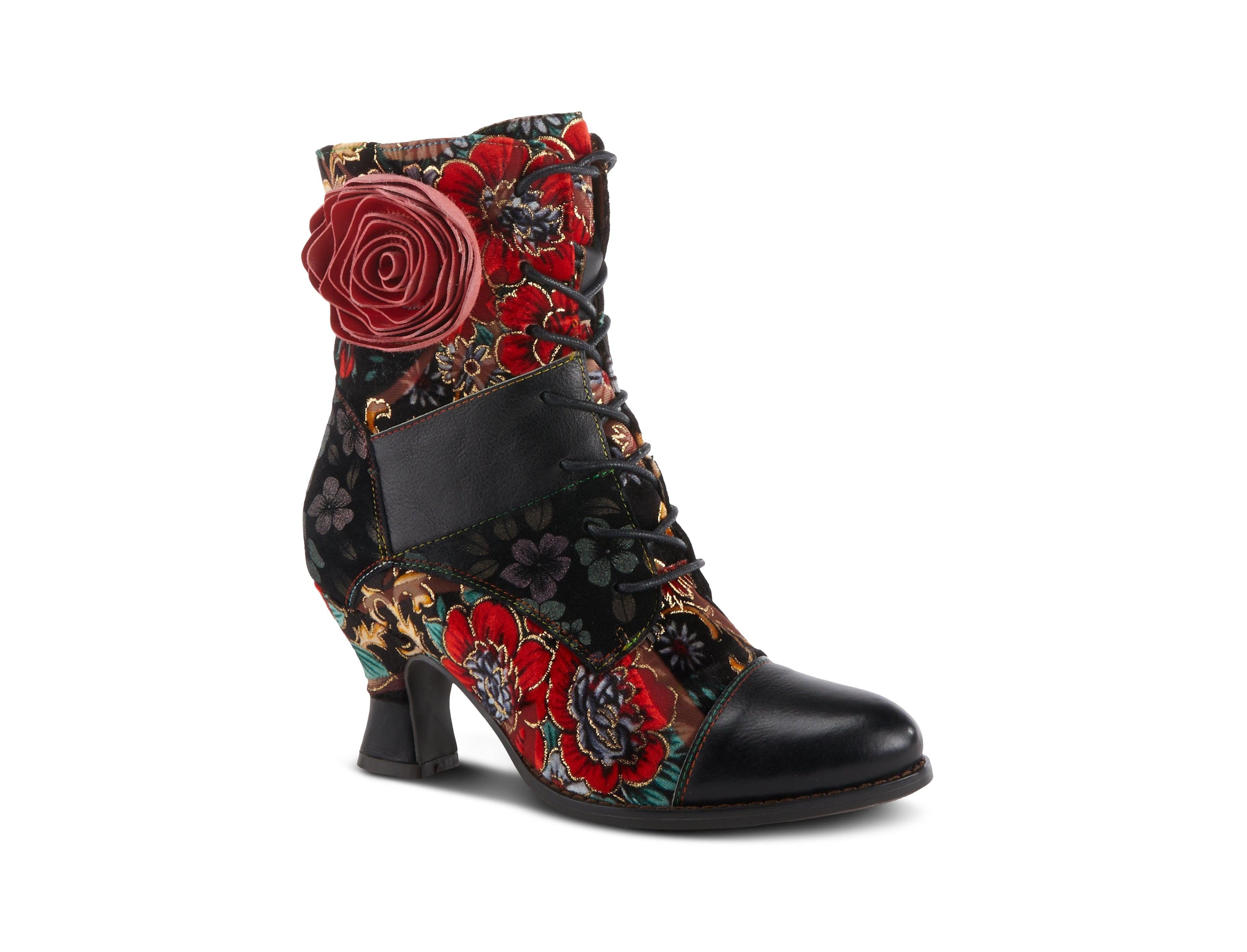 L Artiste Women s Roselia Lace-Up Floral Tapestry Boots with Sculpted Heel and Inside Zipper