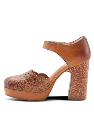 Women's Debbihary Hand-Painted Leather Mary Jane Pumps with Rose Embossing, Cutouts, Adjustable Strap, and 4-Inch Leather-Wrapped Heel