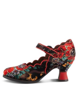 Women's Adodora Floral Tapestry Mary Jane Heels with Hook-and-Loop Strap, Cushioned Insole, and Flexible Sole