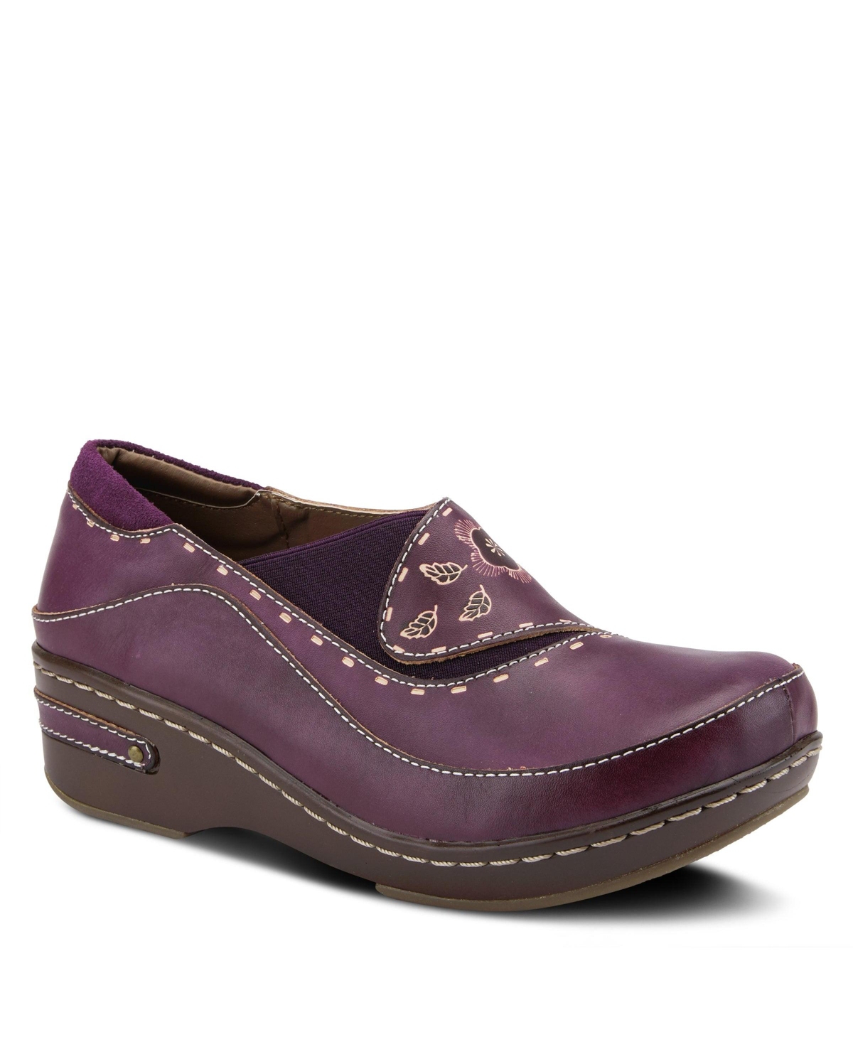 L Artiste Women s Burbank Hand-Painted Leather Clogs with Floral Embossing and Elastic Insets - Purple